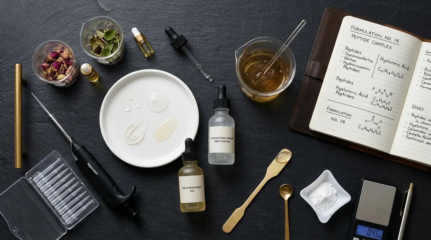 High-end cosmetic chemistry laboratory flat lay with borosilicate beakers, micropipettes, serum droplet swatches, and formulation notebook
