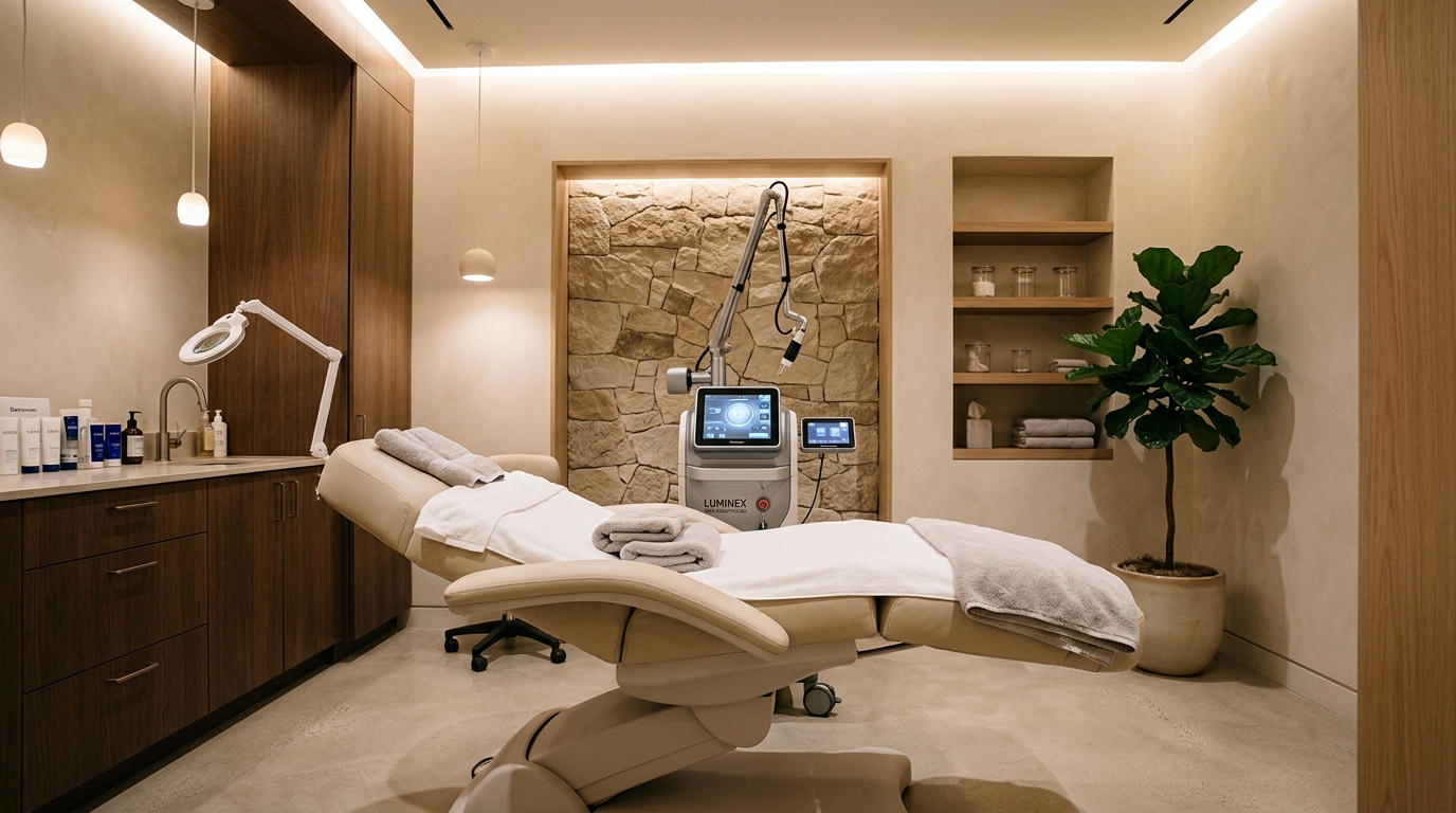 Modern luxury medical spa procedure room with advanced skin resurfacing laser equipment, ergonomic treatment bed, warm neutral architectural lighting
