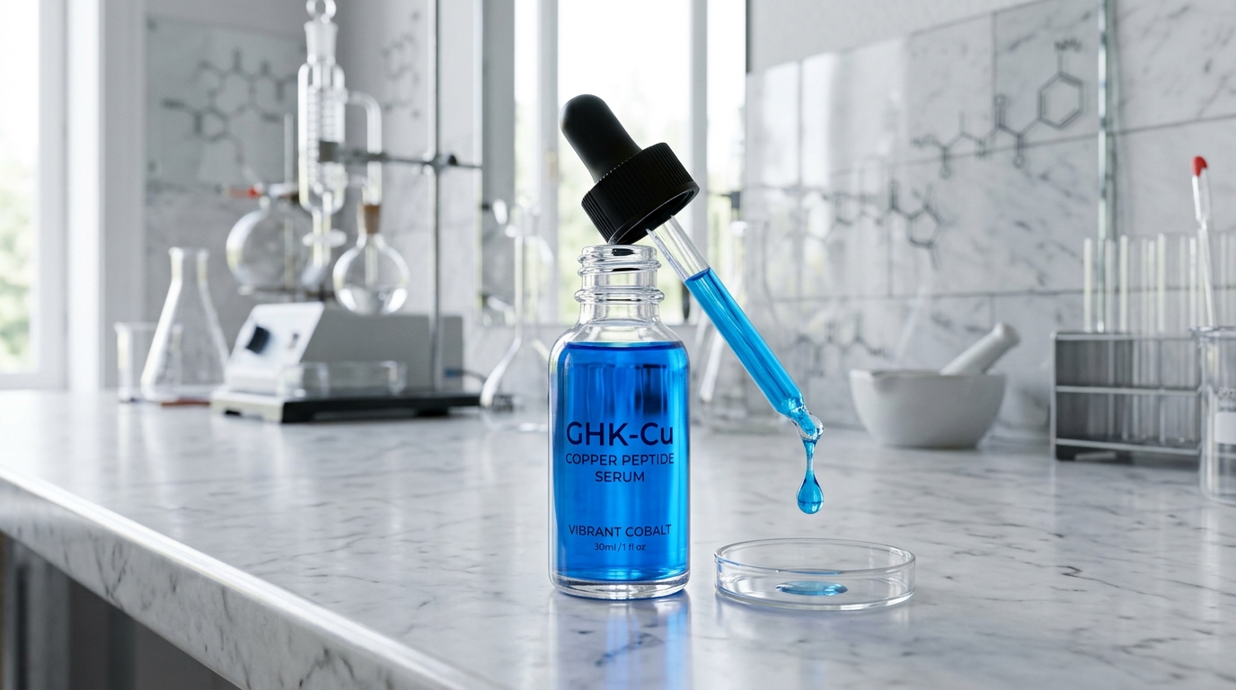 Vibrant cobalt blue GHK-Cu copper peptide serum in transparent glass dropper bottle with pipette drop