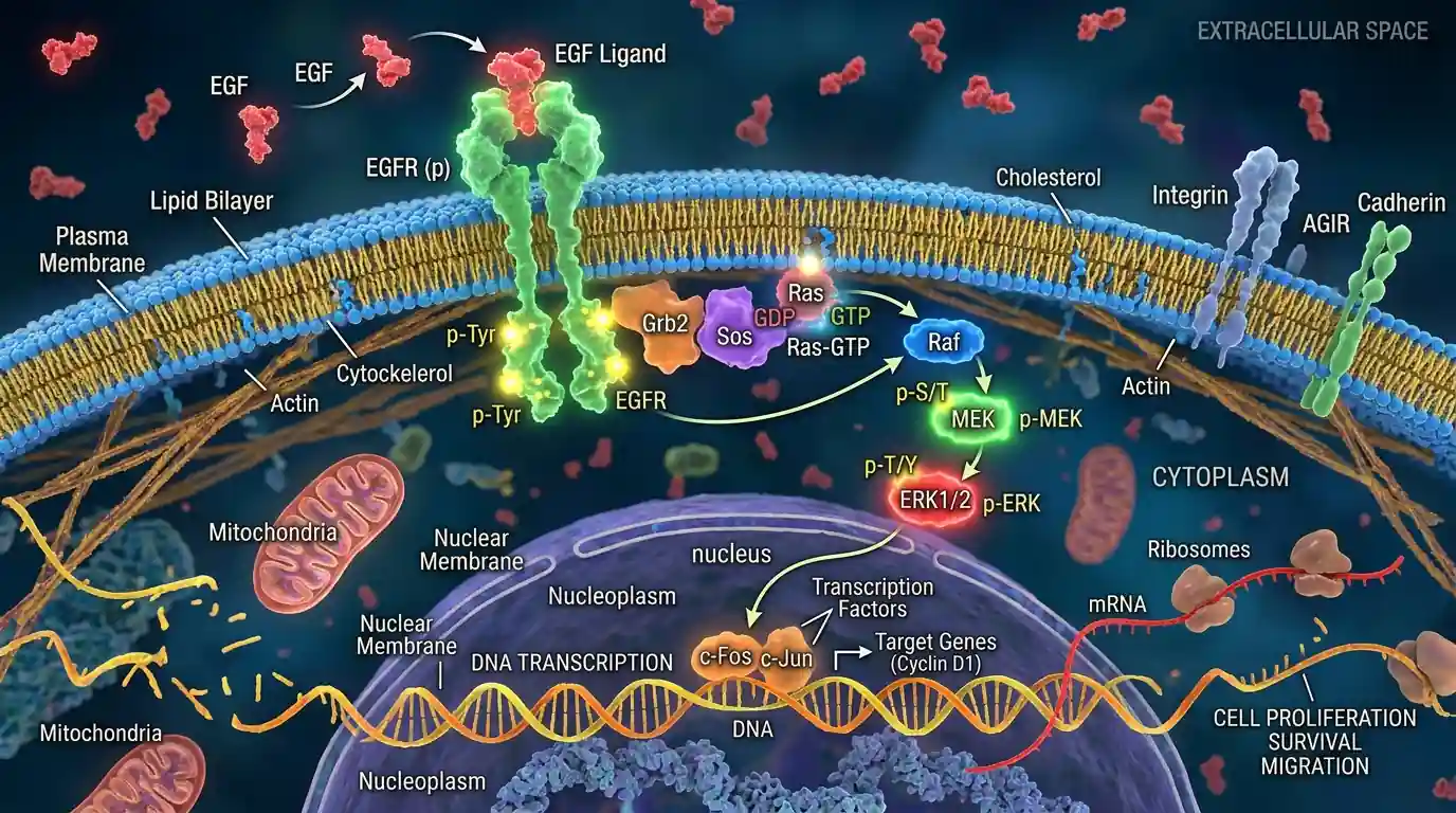 Scientific visualization of epidermal growth factor protein binding to EGFR receptor on keratinocyte cell membrane with signal cascade pathway