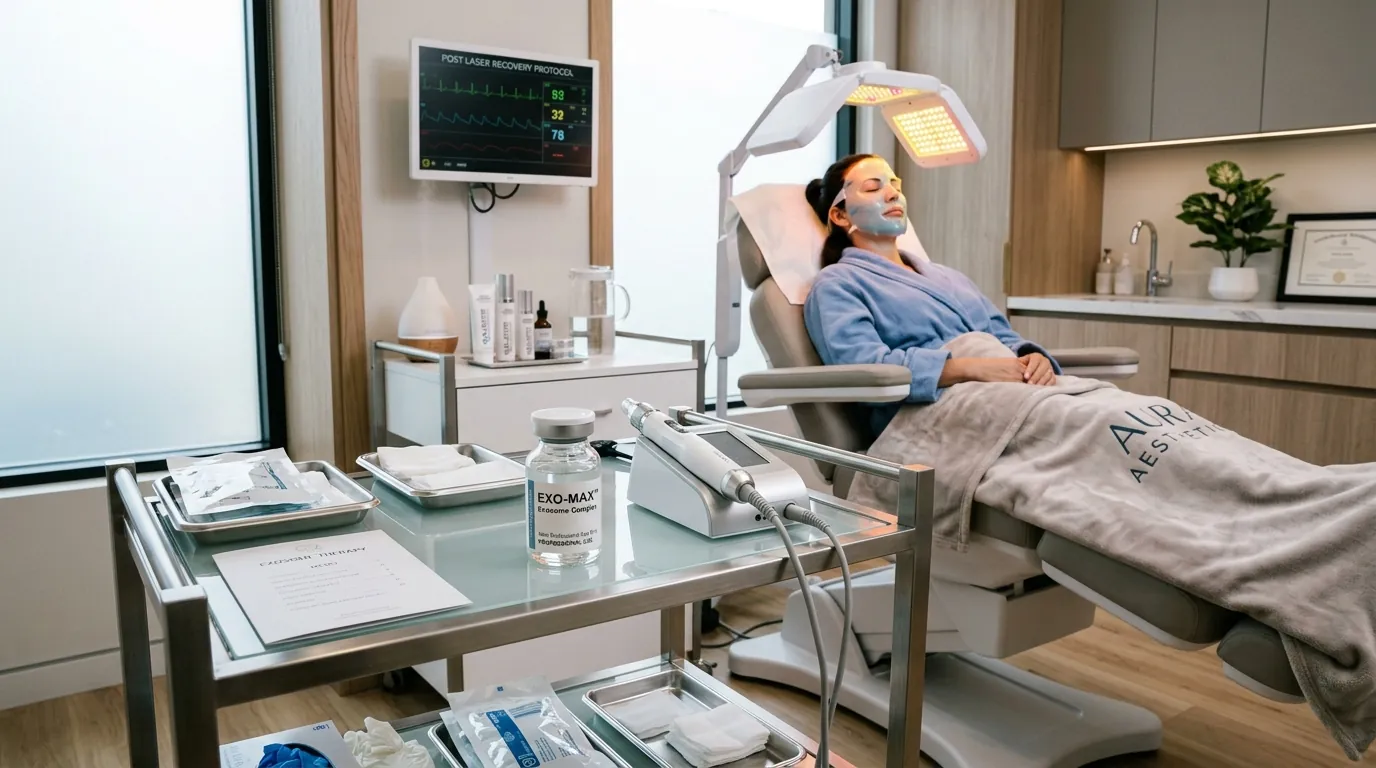 Advanced aesthetics treatment room with exosome therapy vial and dermal applicator device next to post-laser recovery patient care station