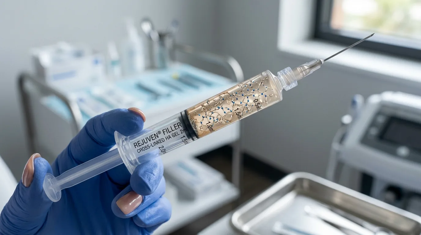 Transparent syringe containing cross-linked hyaluronic acid gel filler with molecular crosslink bonds visualization in clinical setting