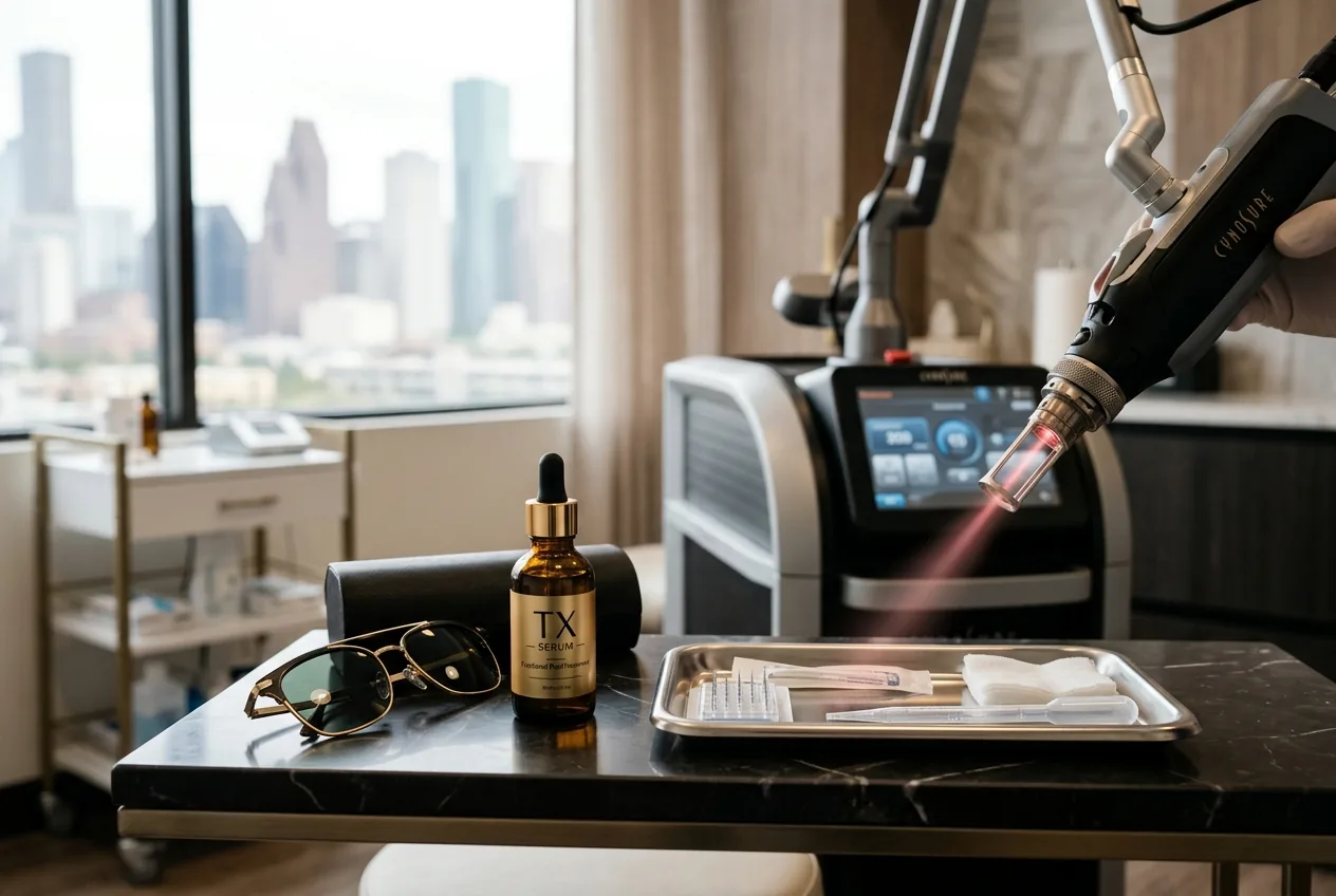 Clinical aesthetic laser handpiece with therapeutic aiming beam in a modern dermatology workstation in Houston
