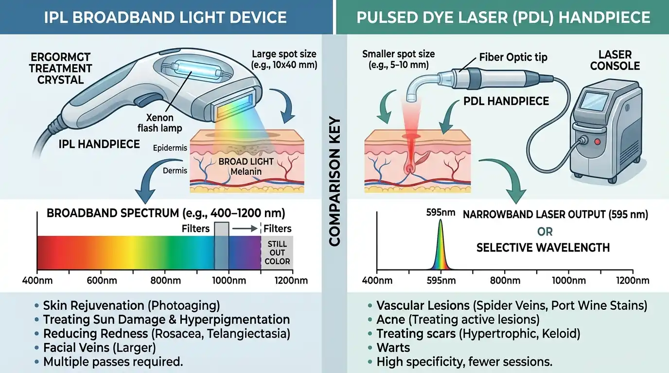 Side by side clinical comparison of IPL broadband light device and pulsed dye laser handpiece with wavelength spectrum visualization