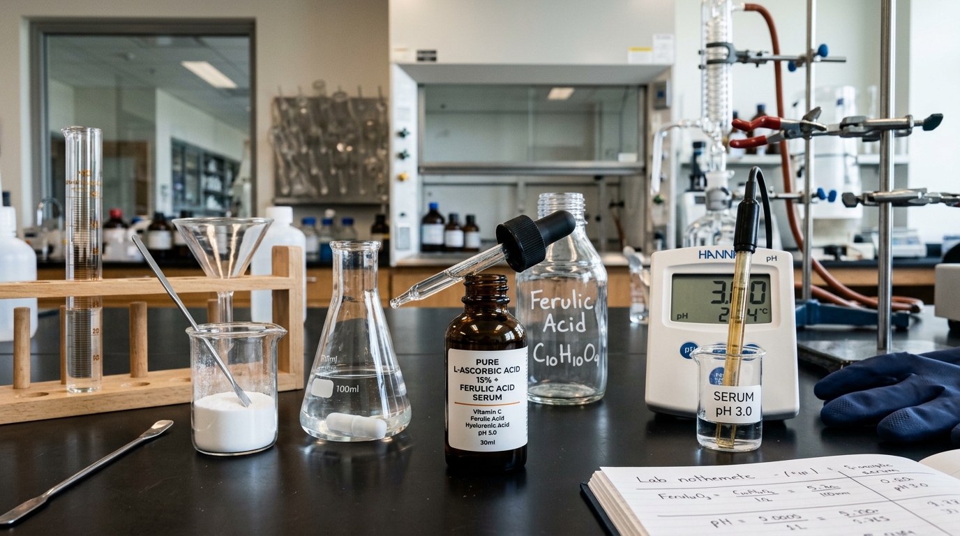 Laboratory amber glass dropper bottle of pure L-ascorbic acid serum surrounded by chemical glassware and digital pH meter reading 3.0