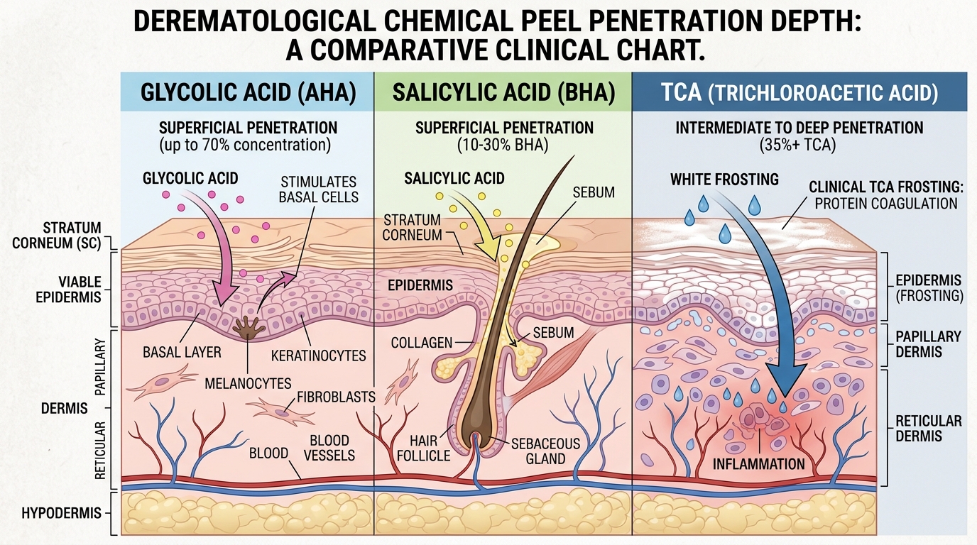 Clinical dermatological chart illustrating epidermal and dermal chemical peel penetration depths comparing glycolic acid, salicylic acid, and TCA trichloroacetic acid frosting