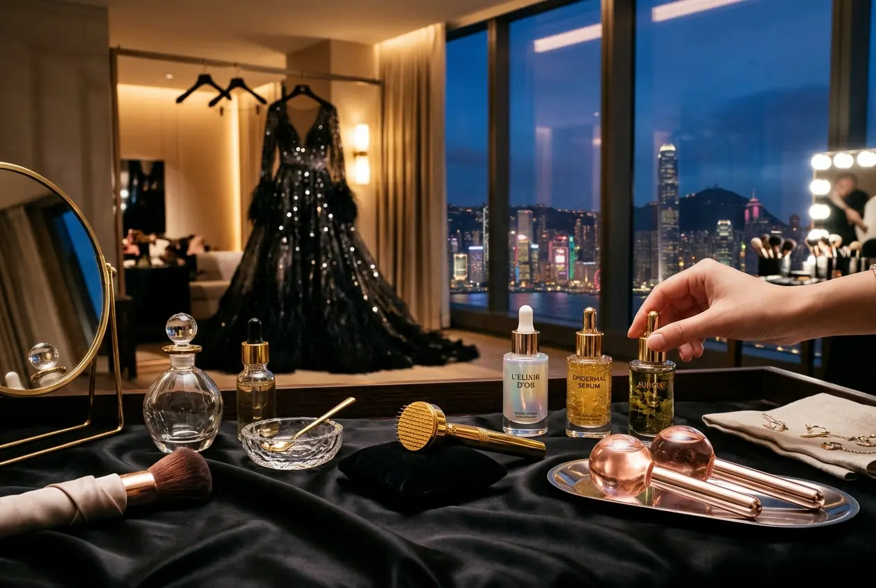 Luxury red carpet aesthetic preparation setup with golden micro-infusion tools, chilled cryo globes, and epidermal serums