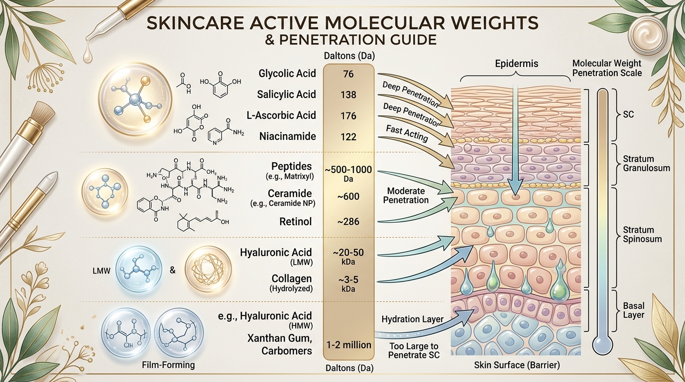 Infographic chart detailing molecular weights of skincare actives in Daltons from small molecules up to high molecular weight polymers