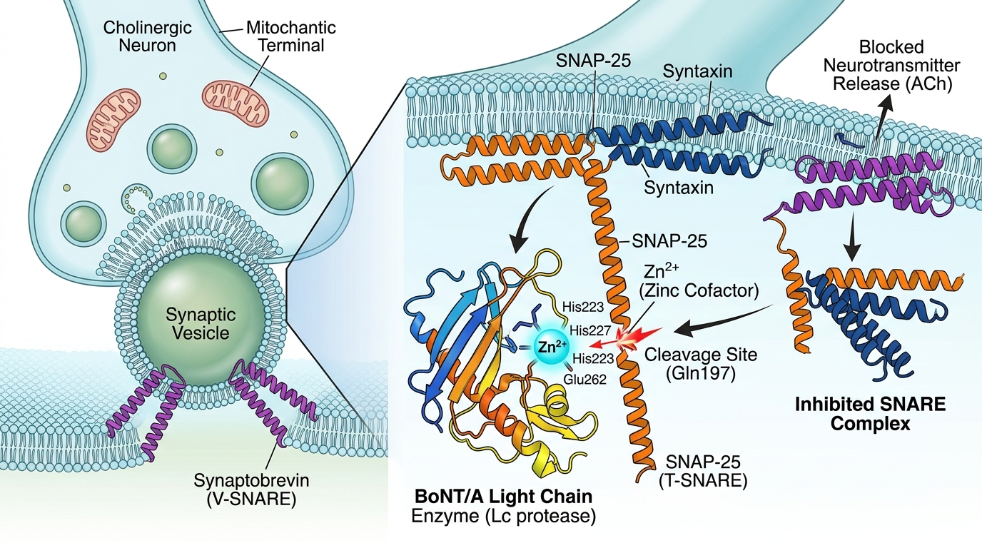 Scientific conceptual visual of botulinum neuromodulator light chain enzymatic binding to presynaptic vesicle terminal with zinc cofactor ions highlighted