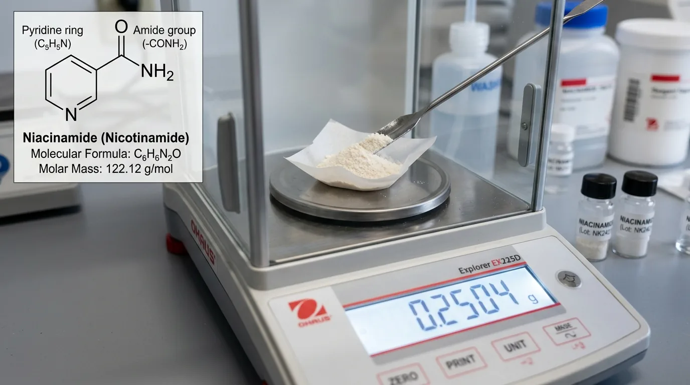 Clean laboratory macro photograph of niacinamide powder being measured on precision scale with molecular formula diagram overlay
