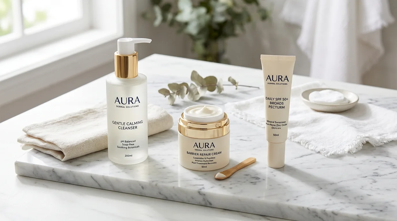 Elegant post-procedure skincare recovery kit with barrier repair cream, gentle cleanser, and SPF laid out on clean marble aesthetic surface