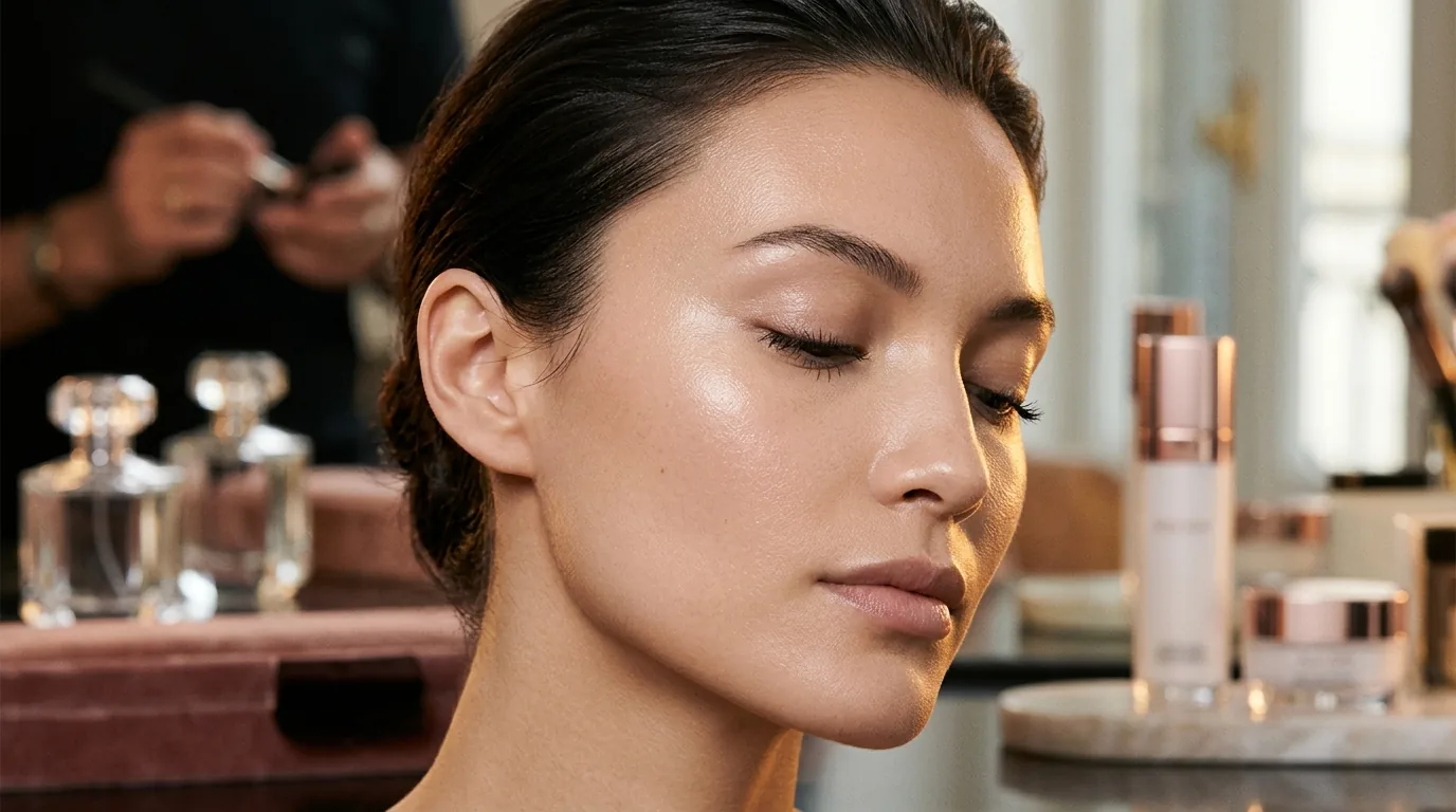 Professional luxury macro photography of a glowing, radiant glass-skin complexion during a celebrity red-carpet aesthetic preparation session in an atelier