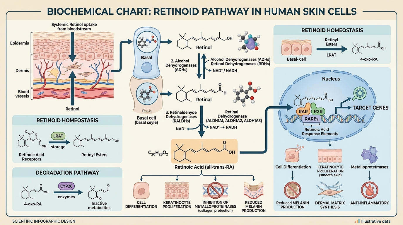 Biochemical chart illustrating retinoid pathway from retinol to retinal to retinoic acid in human skin cells
