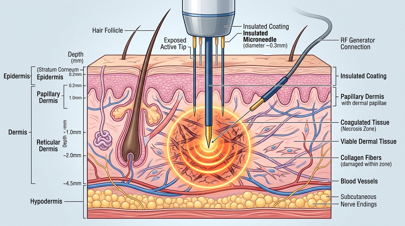 Detailed medical cross section diagram of human skin dermis showing insulated microneedles delivering targeted radiofrequency thermal coagulation zones in deep reticular dermis