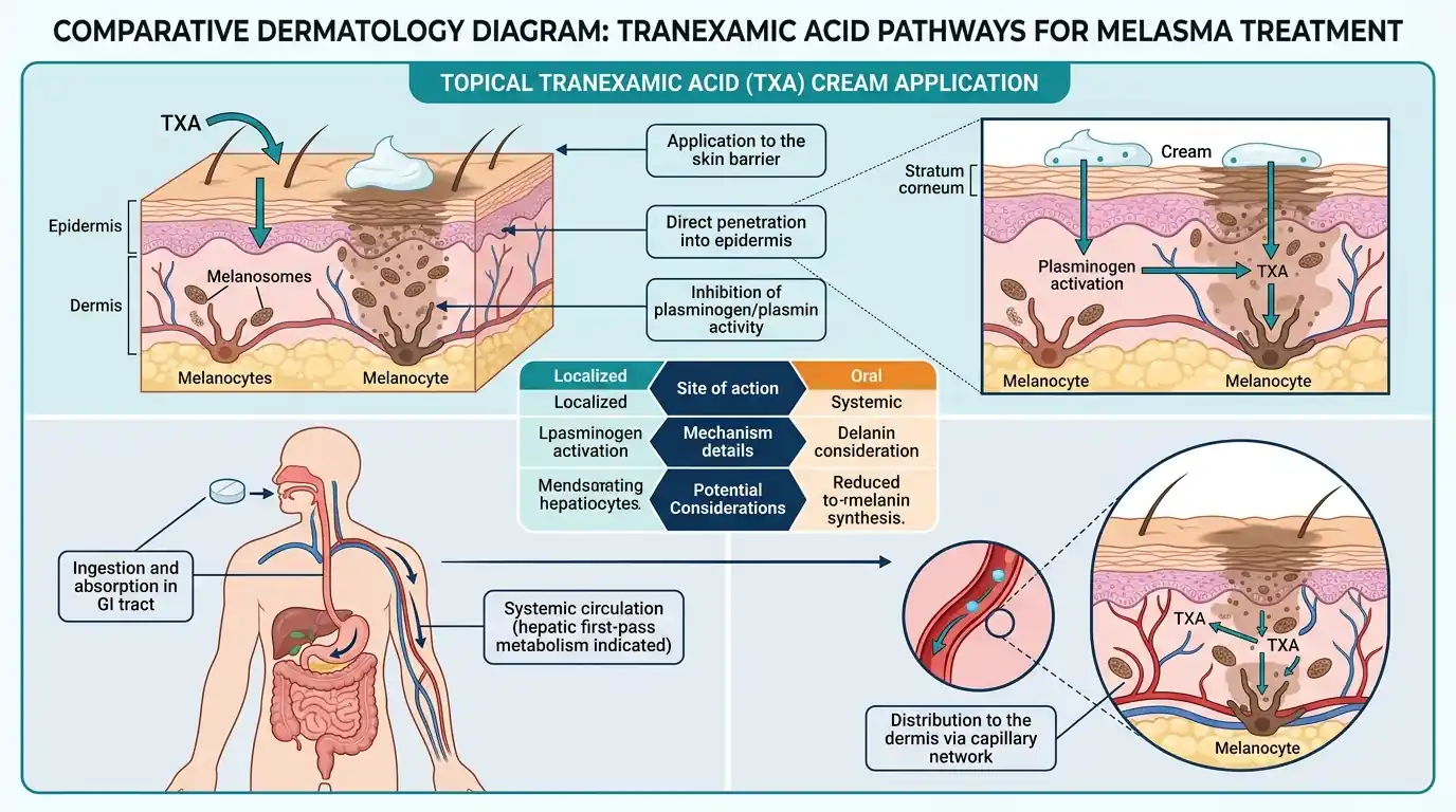 Clinical dermatology comparison diagram showing topical tranexamic acid cream application versus oral tablet absorption pathway for melasma hyperpigmentation treatment
